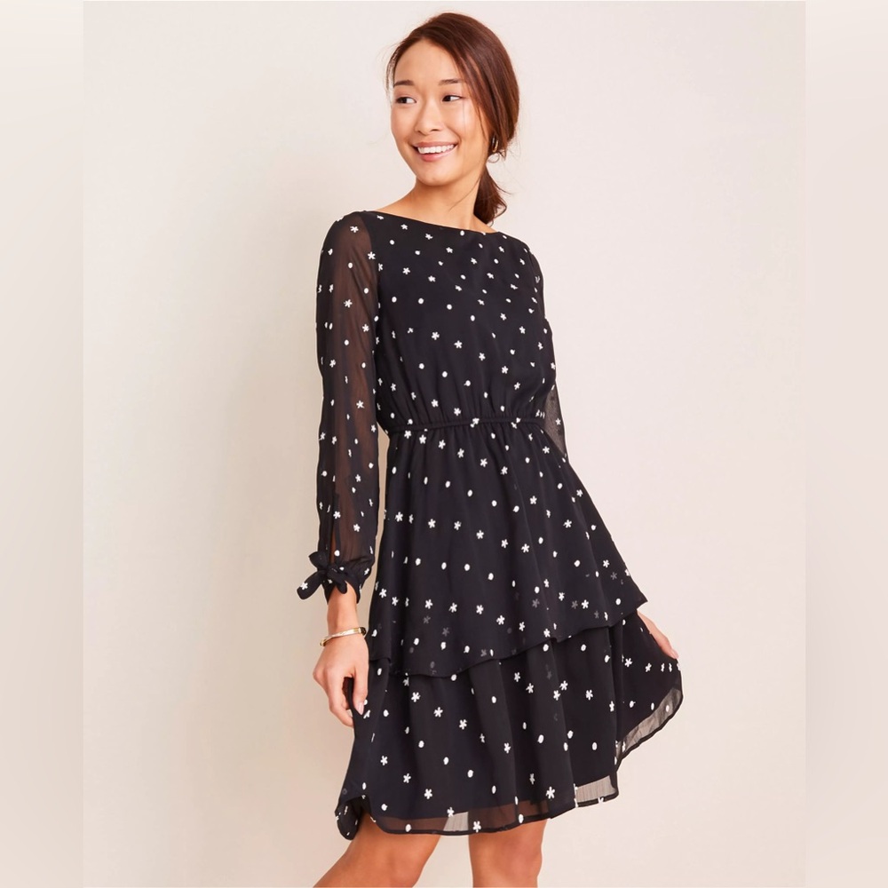 Ann Taylor black floral embroidered flare dress 0 Petite